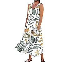Women's Summer Cotton Linen Long Dress Sleeveless Elegant Flowy Dresses Plus Size Loose Comfy Dress with Pockets