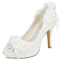 Emily Bridal Ivory Wedding Shoes High Heel Peep Toe Flowers Beaded Slip on Pumps