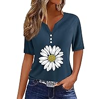 Short Sleeve Blouses for Women Fashion Casual Vintage Printed V-Neck Decorative Button T-Shirt Top