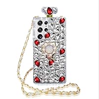 Losin Compatible with Galaxy S24 Ultra Bling Case Luxury 3D Perfume Bottle Phone Case with Lanyard Strap Glitter Sparkle Rhinestones Diamond Case with Ring Kickstand for Women Girls, Red