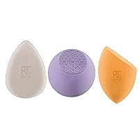 Real Techniques Sponge+ Beauty Makeup Blenders, Glow Radiance Complexion Kit, for Facial Cleanser, Toner, and Foundation, Probiotic and Vegan Collagen Infused, For Natural & Healthy Glow, 3 Piece Kit