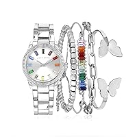 Lucky Brand Watches for Women Fashion Design Stainless Steel with Rainbow Crystal-Accented Tone Quartz Women's Wrist Watches Bracelet Gift Box Set