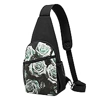 Sling Bag Crossbody for Women Fanny Pack Green Rose Chest Bag Daypack for Hiking Travel Waist Bag