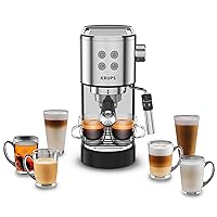 Krups, Espresso Machine, Divine Stainless Steel with Tamper 2 cups at once, Cup Warmer, Espresso Machine with Milk Frother, Easy to Eject Grounds, 1350 Watts, Cappuccino, Latte, Americano, Silver