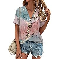 Womens Tops Printed Tshirts for Women Women's Short Sleeved T-Shirt Summer Button V-Neck Top Loose T-Shirt Top