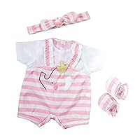 JC Toys | Berenguer Boutique | Baby Doll Outfit | Pink Stripes and White Overall Shorts | Includes Headband and Booties | Ages 2+ | Fits Dolls 14