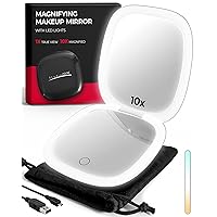 Compact Mirror with Light – Travel Magnifying Mirror - 10X Magnifying Mirror for Purses – USB Rechargeable with 3 Color LED Compact Mirror with Light Up & Dimmer Option