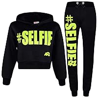 Kids Girls Jogging Suit Designer #Selfie Hooded Crop Top Bottom Tracksuit 5-13Yr