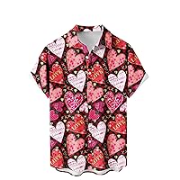 Valentine's Day Letter Love Heart Hawaiian Shirts for Men Short Sleeve Aloha Beach Shirt Casual Button Down Lapel Top