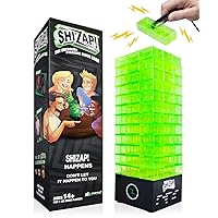 ShiZap! - Illuminated Electric Shock Stacking Block Game, Plastic Tumble Tower Blocks, Shocking Tweezers, LED Base That Plays Suspenseful Music, Family Fun Party Games for Teenage Boys, Girls, Adults