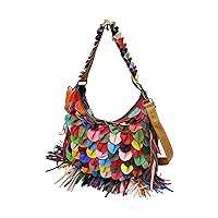 Genuine Leather Large Satchel for Women Multicolor Pleated Tote Handbags Colorful Tassel Patchwork Shoulder Bag Purses