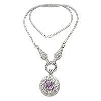 NOVICA Handmade .925 Sterling Silver 18k Gold accented Amethyst Pendant Necklace Ornate Accents Indonesia Birthstone Gemstone Floral Balinese 'Badung Wreath'