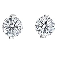 14K White Gold Plated Push Back Round Brilliant Cut 2-Prong set Simulated Diamond White CZ Solitaire Stud Earrings For Women