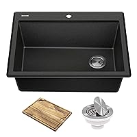 KRAUS Bellucci 28-inch Granite Composite Workstation Drop-In Top Mount Single Bowl Kitchen Sink in Metallic Black with Accessories, KGTW12-28MBL