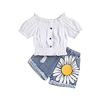 MakeMeChic Girl's Two Piece Summer Outfits Off Shoulder Short Sleeve Tops Blouse Floral Ripped Jean Shorts Sets