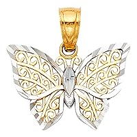 Charm Butterfly Pendant Solid 14k Yellow White Gold Diamond Cut Fancy Polished Two Tone 12 x 15 mm
