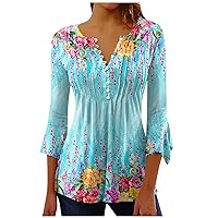 Womens Pleats Loose Shirts Floral Printed Short Sleeve Fashion Casual T-Shirt Tops V Neck Flowy Hem Blouse Tees