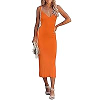 MEROKEETY Womens 2024 Summer V Neck Knit Midi Dress Bodycon Sleeveless Ribbed Sweater Dresses