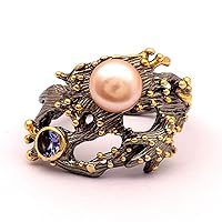 7mm Round Rose Pearl 4mm Tanzanite Bohemian Art Deco engagement Vintage Ring Fine 925 Silver Women’s Girls