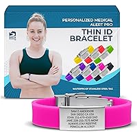 PRO THIN ID Medical Alert Bracelet - Personalized Emergency Wristband for Women & Men, Comfortable Silicone, Waterproof Stainless Steel Tag: Ideal Gifts for Athletes & Travelers