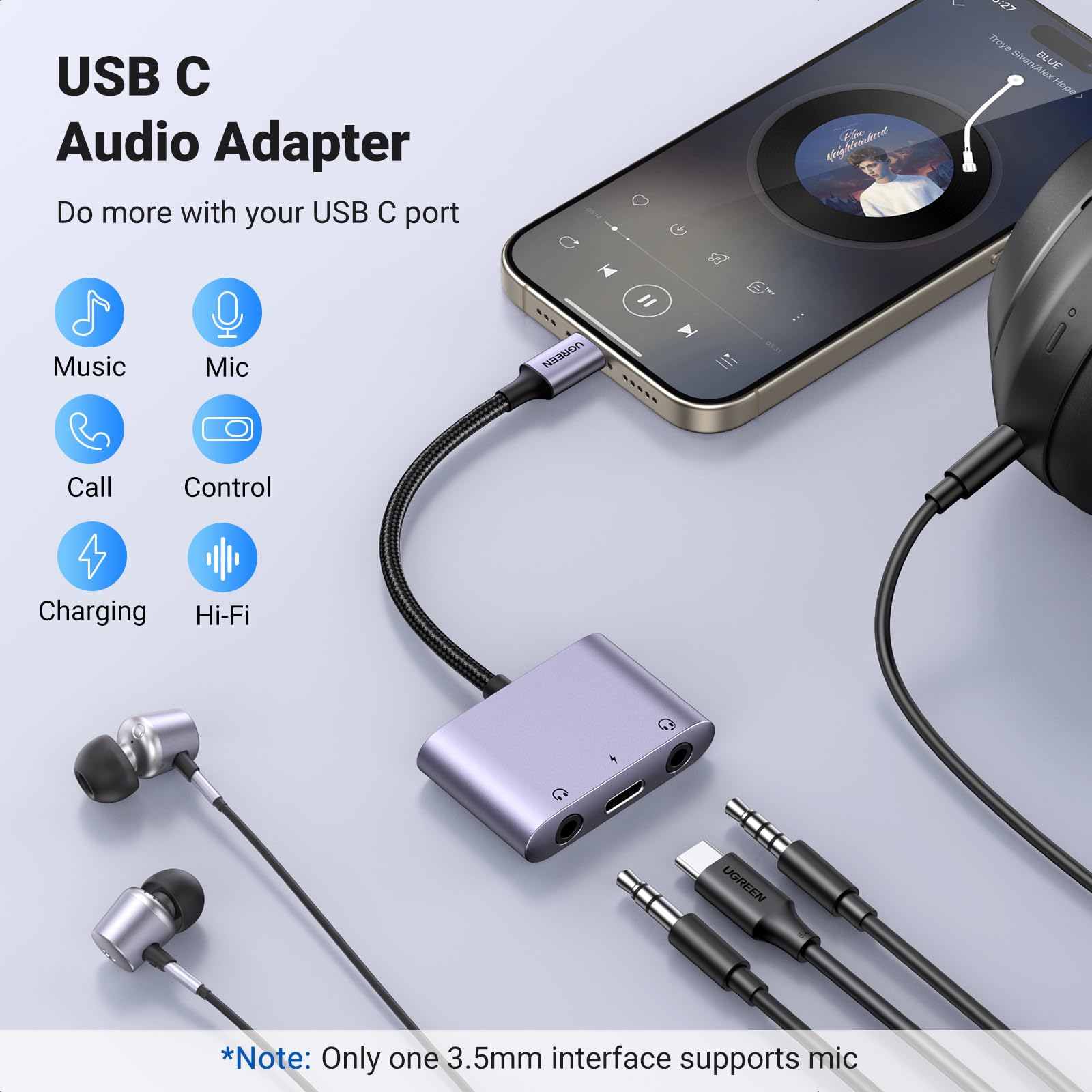 UGREEN USB C to 3.5mm Audio Adapter Type C Aux Headphone Jack DAC Stereo Mic HiFi Right Angle Dongle Bundle USB C to 3.5mm Audio Adapter 3 in 1 Charger and Headphone Splitter