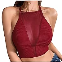 Women's Mesh Crop Tops Halter Sleeveless Criss Cross Tank Cami Tops Slim Fit Basic Tops Club Party Bustier Camisoles
