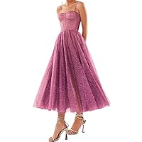 Glitter Tulle Tea Length Prom Dress for Teens A Line Formal Evening Party Gowns