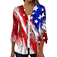 Independence Day Tops Women's Summer Casual Tops Women's Printed Shirts Seven Sleeve Women's Easter Cardigan