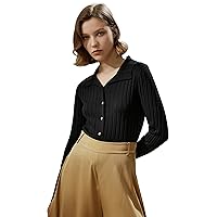 LilySilk Ribbed Silk-Cashmere Blend Cardigan for Women Lapel Collar Long Sleeve Button Front Slim Fit Sweater Ladies