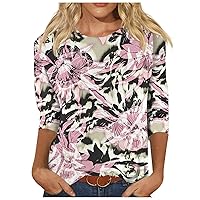 Tops for Women, Women's Fashion Casual Three-Quarter Sleeve Floral Print Round Neck Top