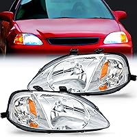 Headlight Assembly Compatible with 1999 2000 Honda Civic Headlamps Replacement Chrome Housing Amber Reflector Upgraded Clear Lens Driver and Passenger Side, 2 Years Warranty