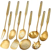 Gold Kitchen Utensils Set, Standcn 9 PCS 304 Stainless Steel All Metal Cooking Tools with Meat Fork, Solid Spoon, Slotted Spoon, Spatula, Ladle, Skimmer, Slotted Spatula, Spaghetti Server, Large Spoon