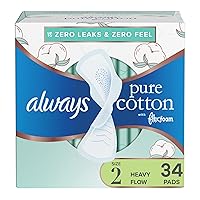 Pure Cotton Feminine Pads for Women, Size 2, Heavy Flow, with wings, unscented, 34 Count
