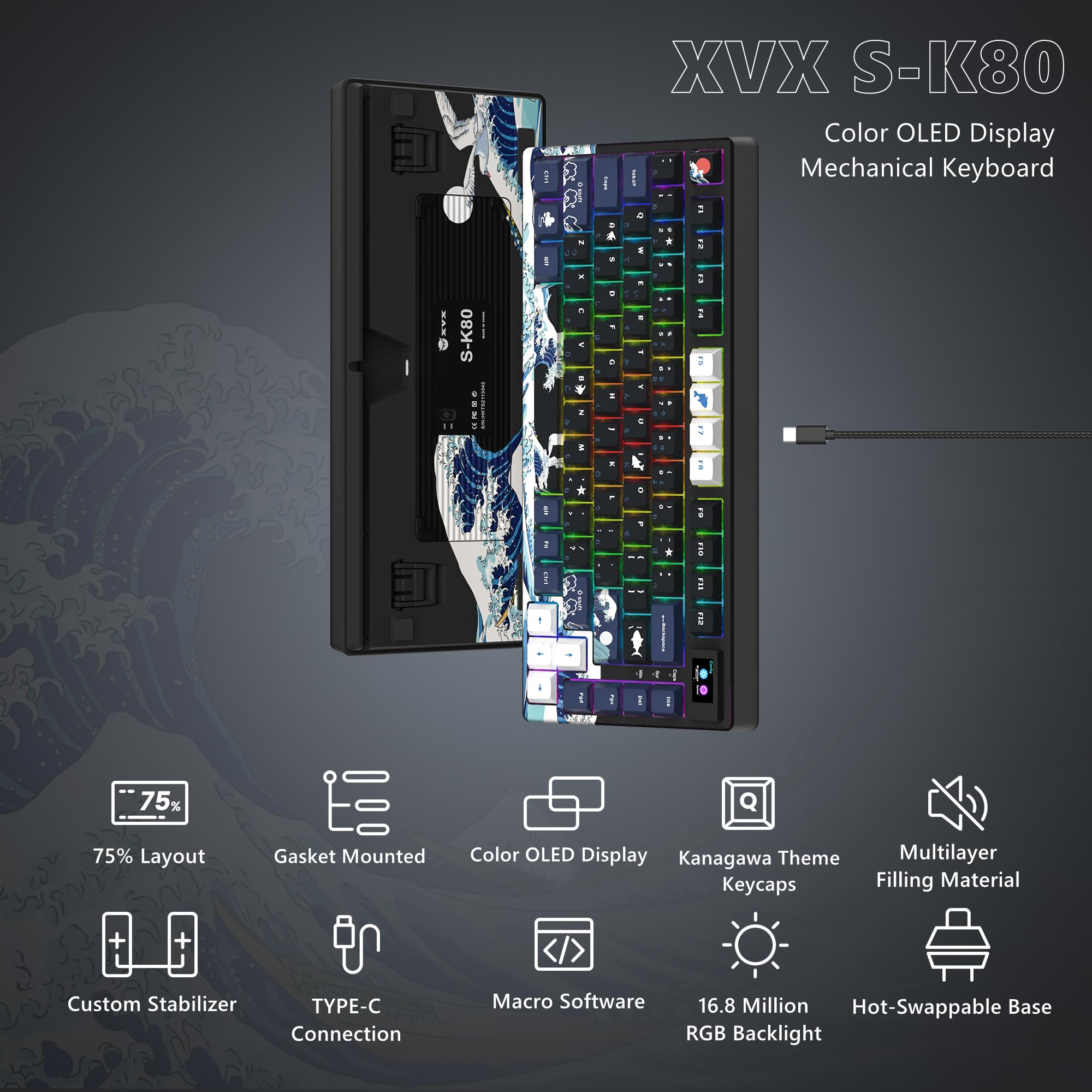 XVX S-K80 75% Keyboard with Color OLED Display Mechanical Gaming Keyboard, Hot Swappable Keyboard, Gasket Mount RGB Custom Keyboard, Pre-lubed Stabilizer for Mac/Win (Linear Switches, Kanagawa)