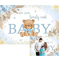 AWERT 15x10ft Baby Bear Flower Blue Backdrop Bear Baby Shower for Boy We Can Wait Oh Baby Photography Background Flowers Pampas Grass Baby Shower Party Decorations Banner Photo Booth Props
