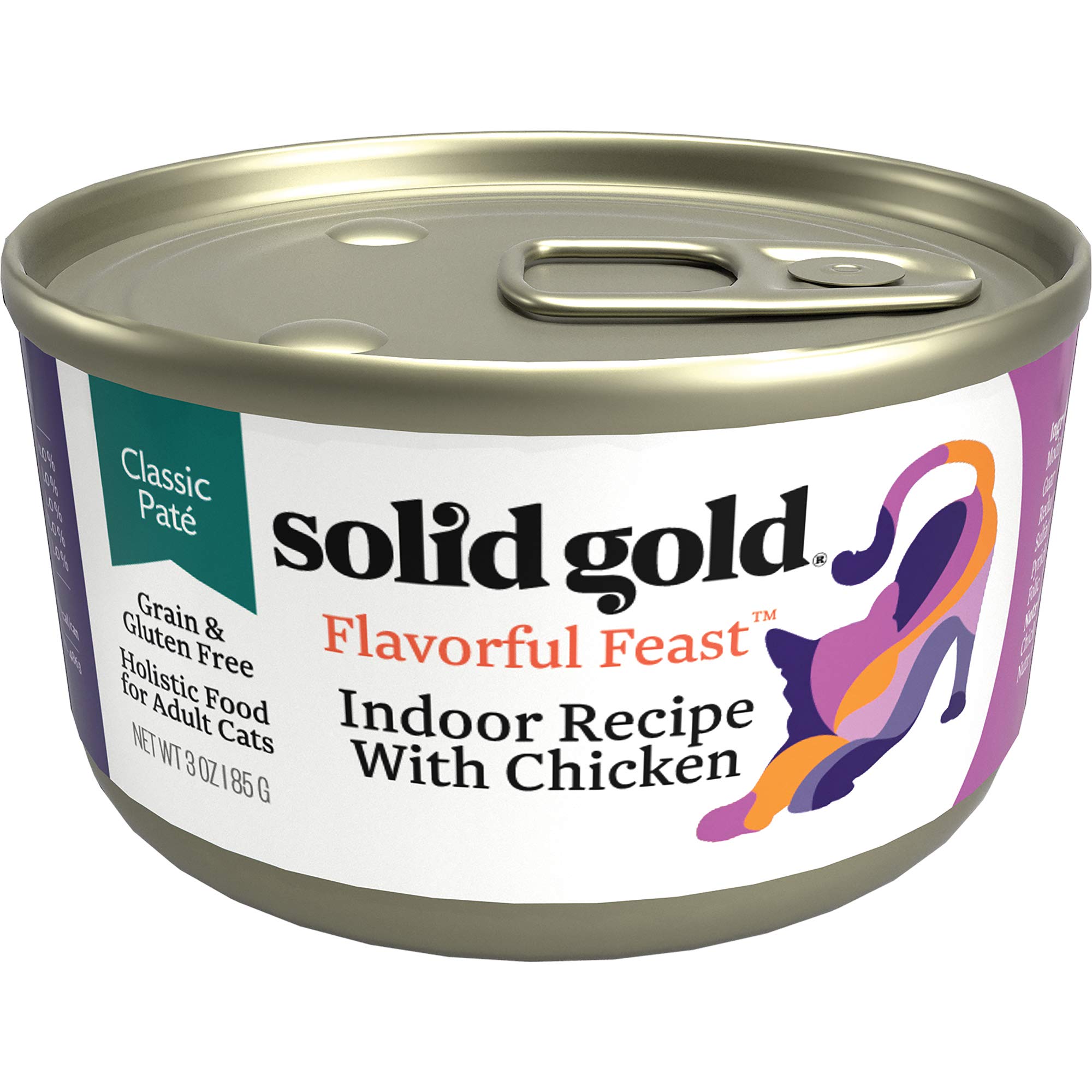 Solid Gold Indoor Cat Pate Wet Food; Flavorful Feast Grain Free with Real Chicken, 24Ct/3Oz Can