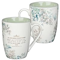 Christian Art Gifts Ceramic Coffee and Tea Mug for Women 12 oz Floral White and Sage Green Inspirational Bible Verse Mug - Made Everything Beautiful - Ecclesiastes 3:11 Lead-free Novelty Mug