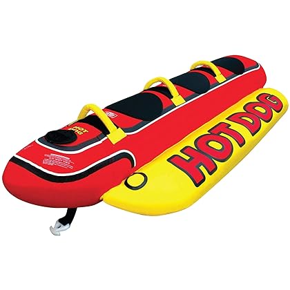 Airhead Hot Dog Towable | 1-3 Rider Tube for Boating and Water Sports, Neoprene Seat Pads, Double-Stitched Full Nylon Cover, and Boston Valve for Convenient Inflating & Deflating