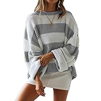 Women's Round Neck Striped Color Matching Sweater Striped Color Block Soft Knit Sweater Fall Knit Pullover Jumper