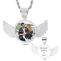 Custom Hip Hop Memory Picture Round/Heart Pendant Necklace for Men Women Personalized Photo Angel Wing Necklace with Engraved Text Iced Out Silver/Gold Pendant Necklace with 18-30 Inches Chain