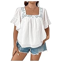 Women's Plus Size Embroidery Boho Blouses Tops Ruffle Flounce Sleeve Square Neck Textured Shirts
