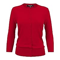 YEMAK Women's Knit Cardigan Sweater – 3/4 Sleeve Crewneck Basic Classic Casual Button Down Soft Lightweight Top (S-3XL)
