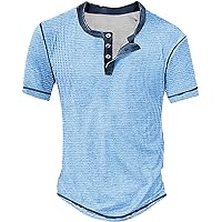 Bicolor Striped Shirts for Men Slim Fit Button Down Crewneck Comfortable T-Shirt Short Sleeve Cotton Blend Tee