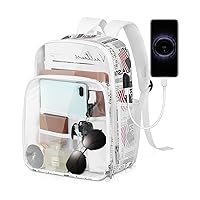 KETIEE Clear Backpack, Stadium Approved Clear Bag Heavy Duty Leather, Large Waterproof See Through Backpack with USB Charging Port and Trolley Sleeve for Adults Work Travel Sports Concerts (White)