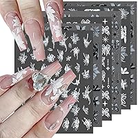 6Sheets Flowers Nail Stickers, Black White Bow Flower Decal Nail Decoration Nail Art Supplies 3D Self Adhesive French Tip Nail Design Floral Flower Nail Decal Spring Summer Manicure Art Accessories
