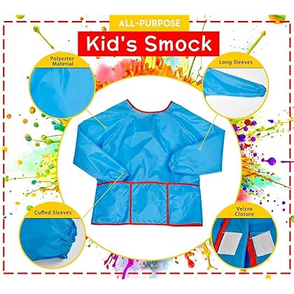 alpree Kids Art Smock Waterproof and Paint Repellent Long Sleeve Painting Aprons with Elastic Tight Cuffs with 3 Pockets