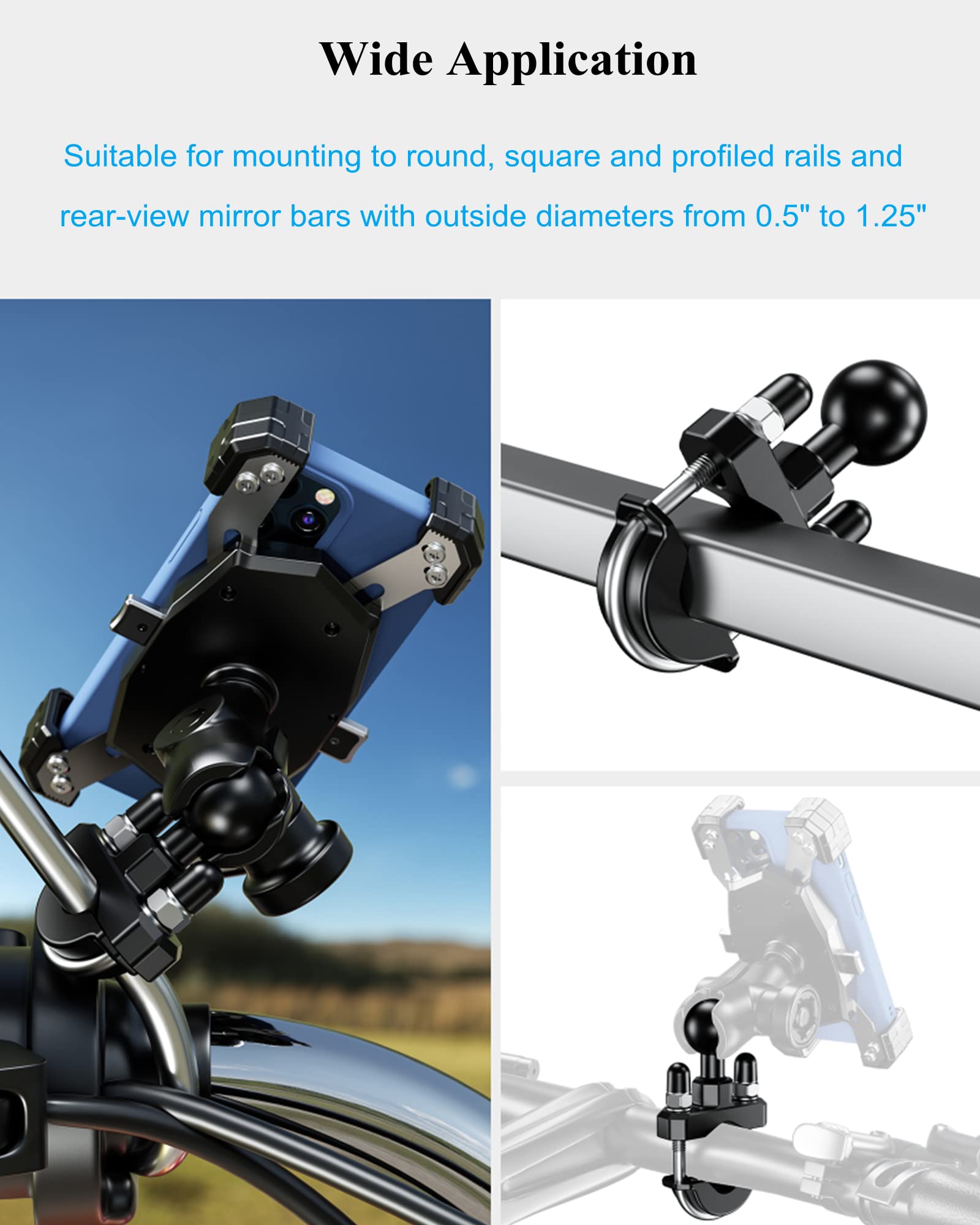 BRCOVAN Handlebar U-Bolt Mount Base with 1'' TPU Ball for Rails 0.5'' to 1.25'' in Diameter, Compatible with RAM Mounts B Size 1 inch Ball Double Socket Arm & Bike Motorcycle Phone Holder