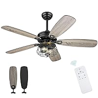 Farmhouse Ceiling Fans, 52 Inch Ceiling Fans with Lights and Remote Control, Rustic Barnwood Blades, Industrial Cage Light, Matte Black, MK03-BK
