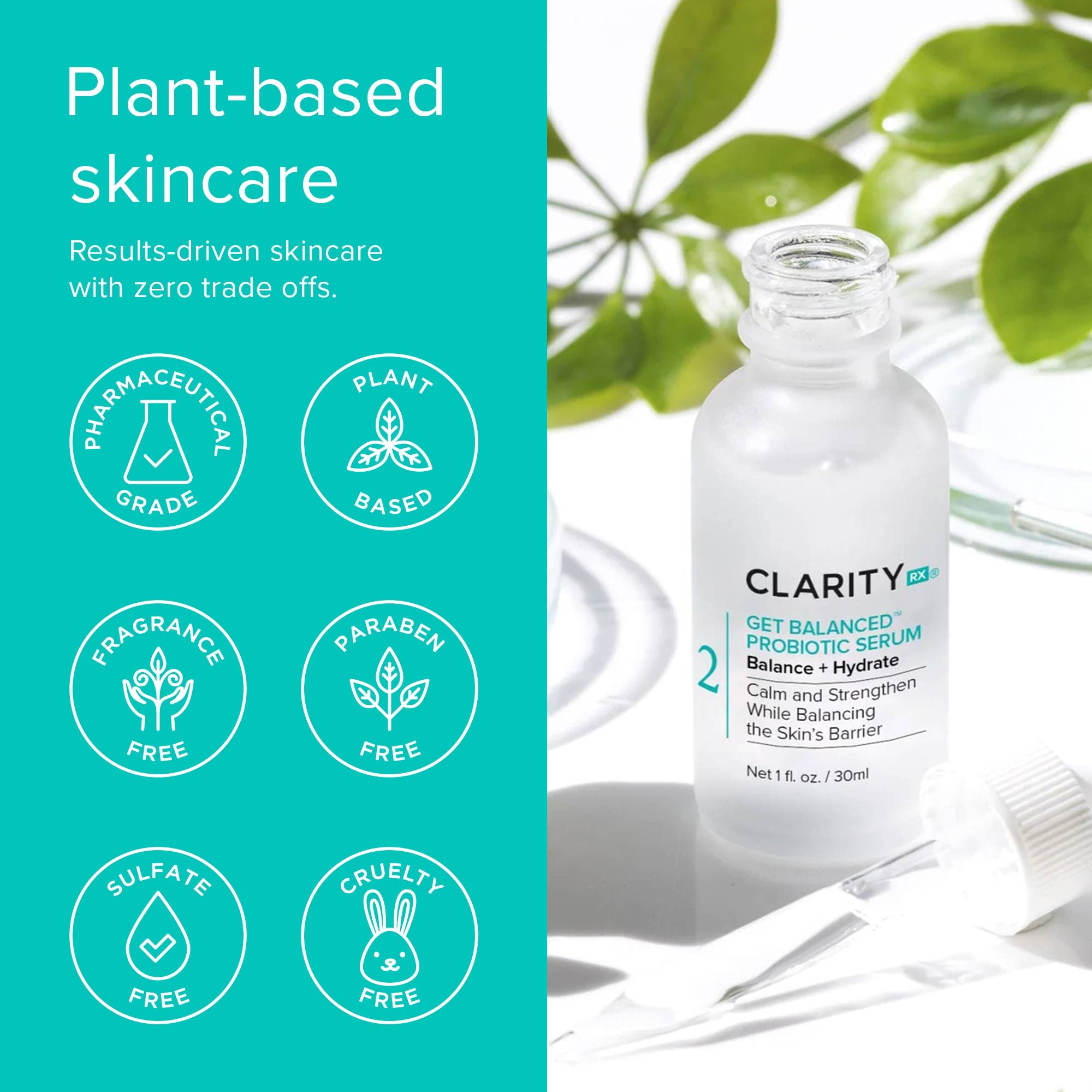 ClarityRx Get Balanced Probiotic Hydrating Face Serum, Natural Plant-Based Skin-Balancing Treatment with Hyaluronic Acid & Antioxidants for Normal & Aging Skin (1 fl oz)