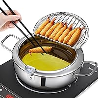 LEPO Deep Fryer Pot, 3.4L Japanese Tempura Deep Fryer Pot, 304 Stainless Steel Frying Pot With Thermometer,Lid And Oil Drip Drainer Rack for French Fries,Chicken,Fish and Shrimp